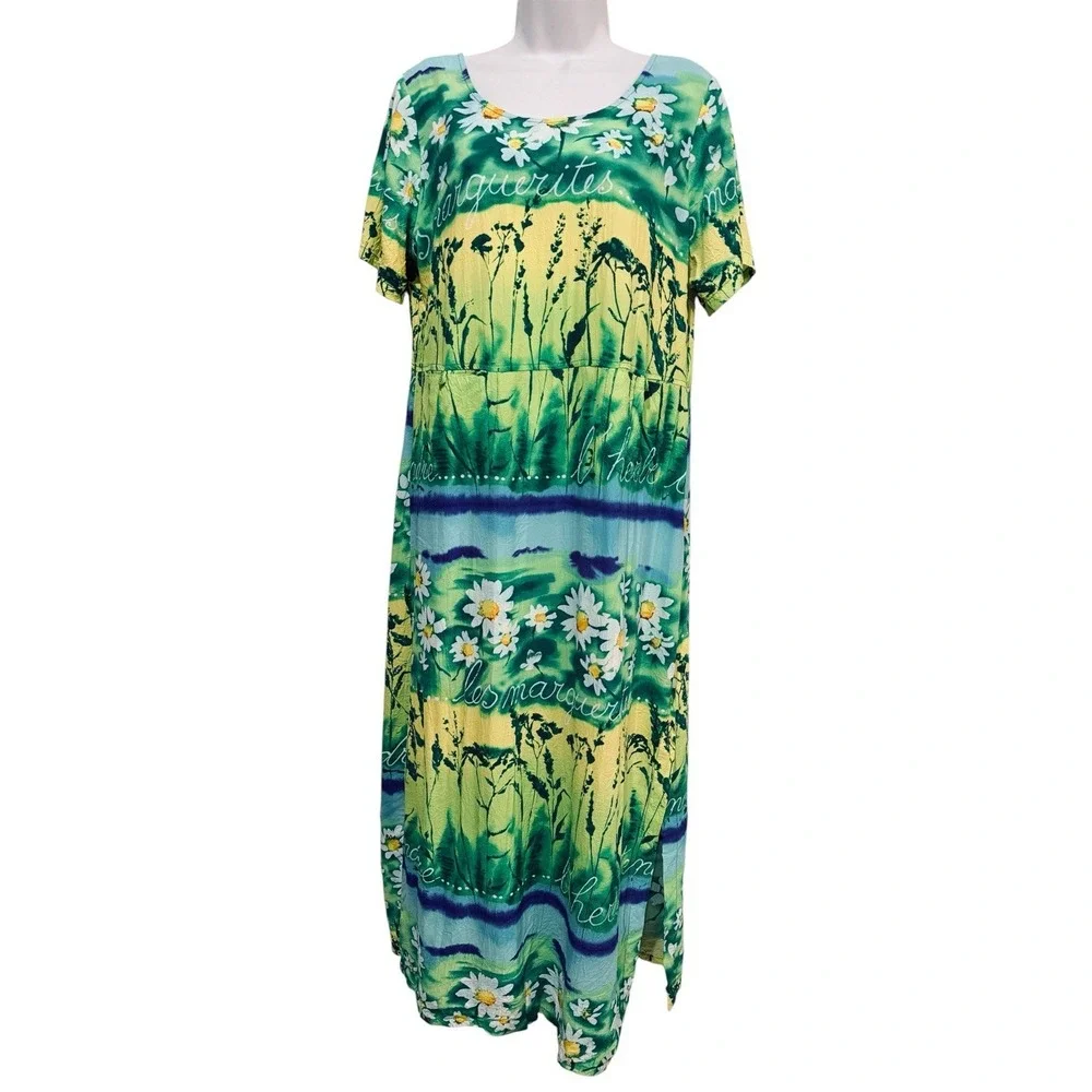 VTG‎ Jams World Maxi Dress L Herb Daisies Art Print 90s Whimsigoth Resort
